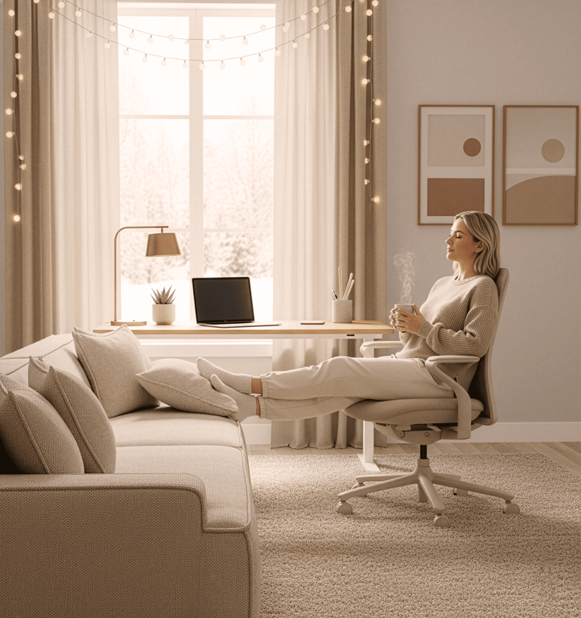 aranżacja z sofą Pulum, krzesłem Polka i biurkiem FineWork